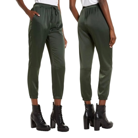 Socialite Satin Olive Green Joggers Drawstring Pockets - Picture 1 of 2
